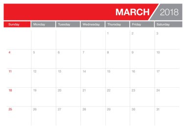 Mart 2018 takvim planlayıcısı vektör çizim