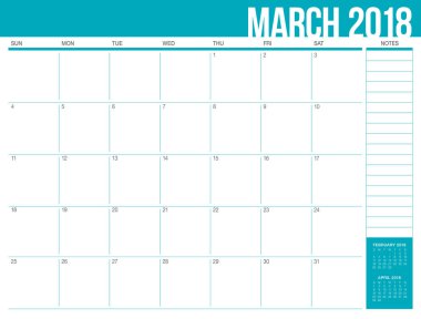 Mart 2018 takvim planlayıcısı vektör çizim