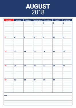 Ağustos 2018 planlayıcısı takvim vektör çizim