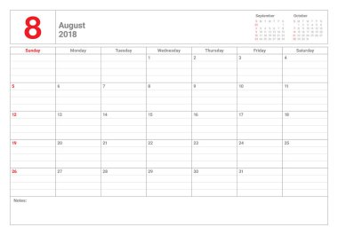 Ağustos 2018 planlayıcısı takvim vektör çizim