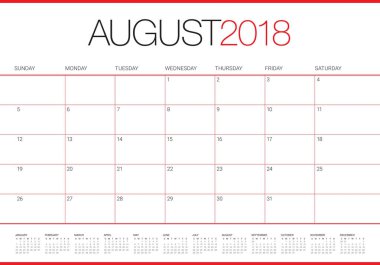 Ağustos 2018 planlayıcısı takvim vektör çizim