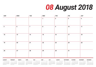 Ağustos 2018 planlayıcısı takvim vektör çizim