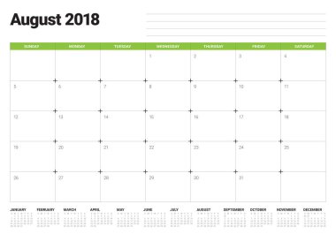 Ağustos 2018 planlayıcısı takvim vektör çizim
