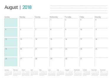 Ağustos 2018 planlayıcısı takvim vektör çizim