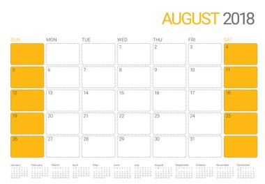 Ağustos 2018 planlayıcısı takvim vektör çizim