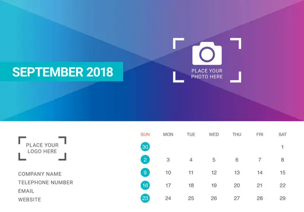 Ilustracja wektorowa kalendarza biurko września 2018 r. — Wektor stockowy
