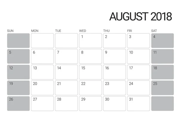 Août 2018 illustration vectorielle du calendrier de bureau — Image vectorielle
