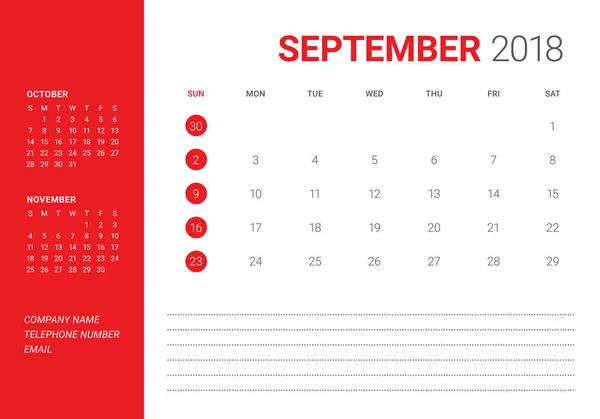 Setembro 2018 mesa calendário vetor ilustração — Vetor de Stock