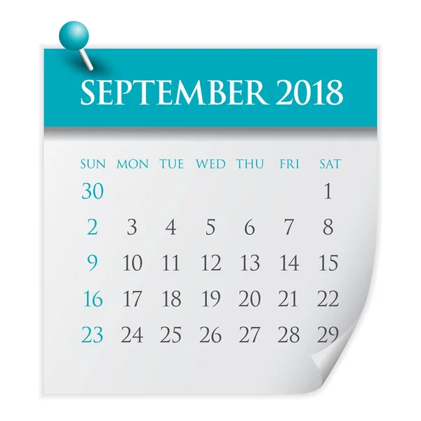 Setembro 2018 calendário ilustração vetorial — Vetor de Stock