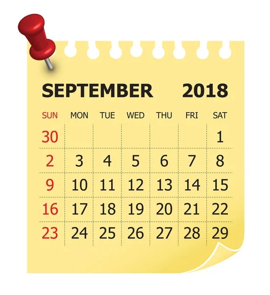 Setembro 2018 calendário ilustração vetorial — Vetor de Stock