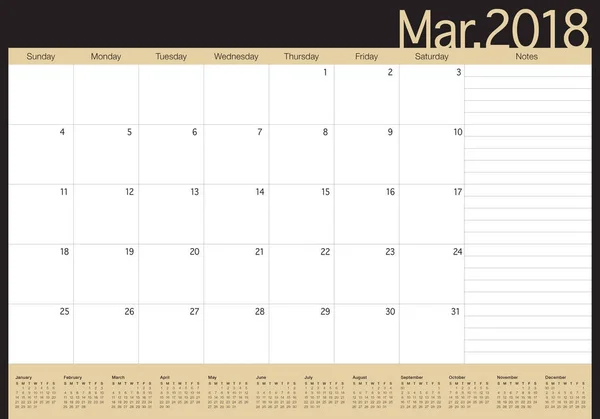 Calendrier de mars 2018 illustration vectorielle du planificateur — Image vectorielle