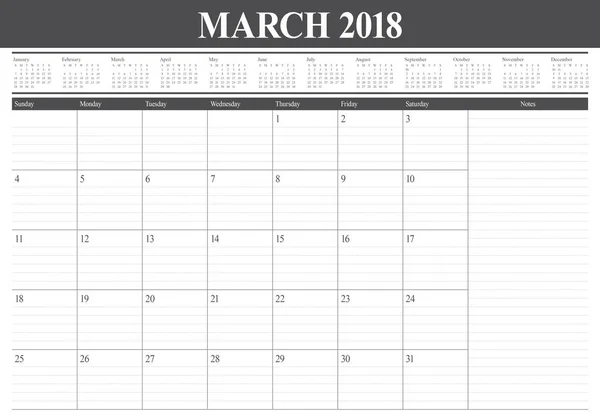 Векторная иллюстрация календаря марта 2018 года — стоковый вектор