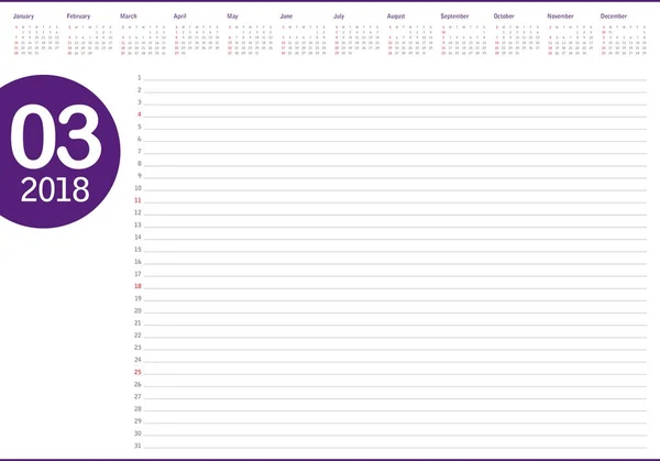 Marzo 2018 calendario planificador vector ilustración — Vector de stock