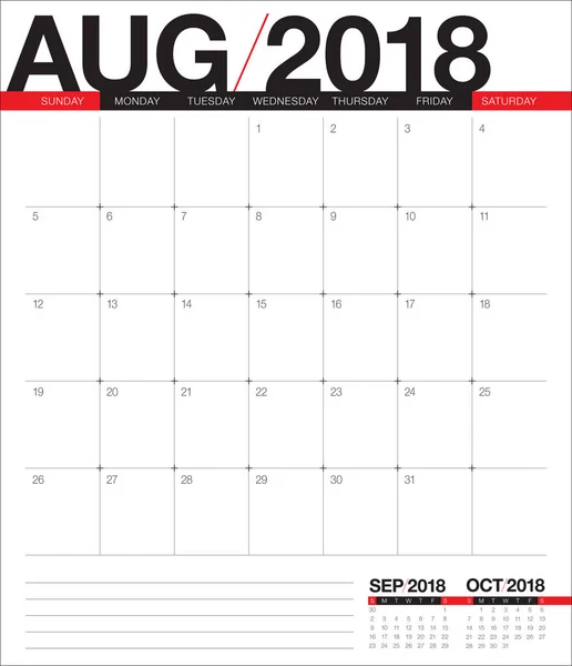 Ilustracja wektorowa sierpień 2018 planner kalendarz — Wektor stockowy