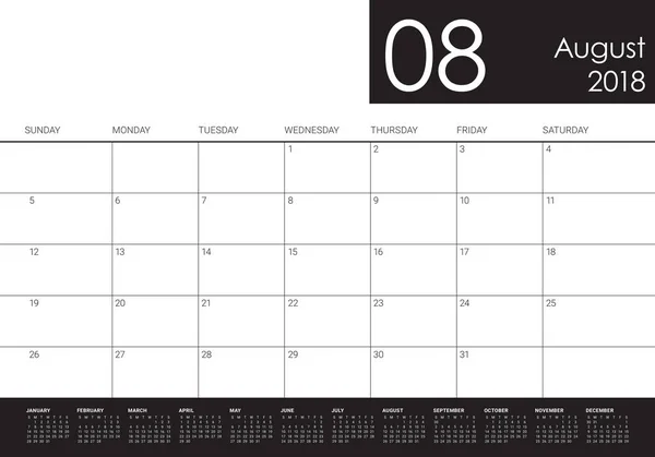 Augusti 2018 planner calendar vektorillustration — Stock vektor