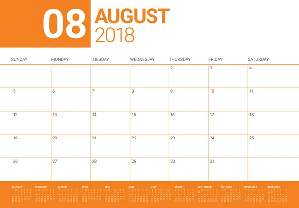 Agosto 2018 planificador calendario vector ilustración — Vector de stock