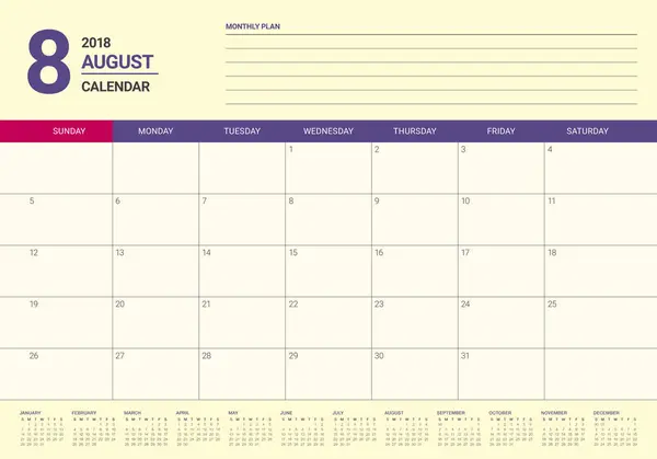 Agosto 2018 planificador calendario vector ilustración — Vector de stock