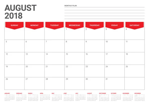 Agosto 2018 planificador calendario vector ilustración — Vector de stock