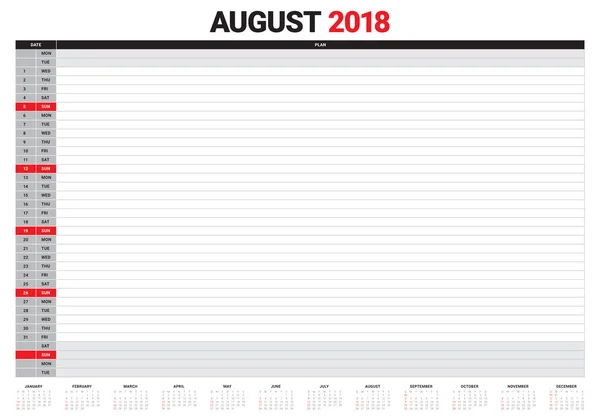 Векторная иллюстрация календаря августа 2018 — стоковый вектор
