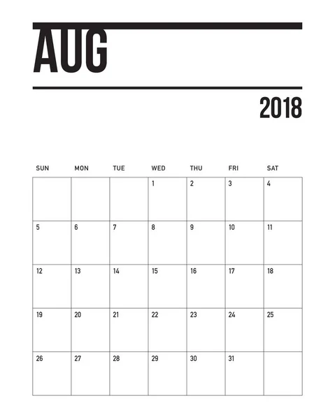 Augusztus 2018 tervező naptár vektoros illusztráció — Stock Vector