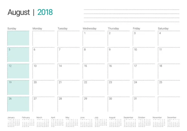 Серпень 2018 календар планування Векторні ілюстрації — стоковий вектор