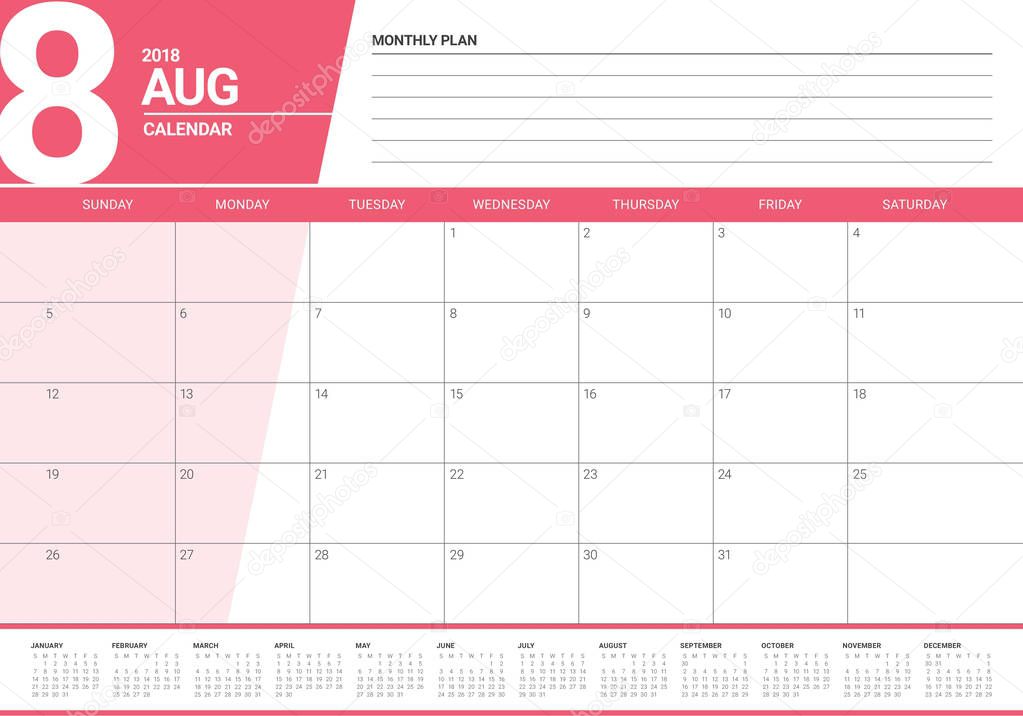 August 2018 planner calendar vector illustration
