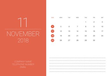 Kasım 2018 Resepsiyon takvim vektör çizim