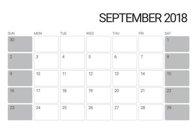 Eylül 2018 Resepsiyon takvim vektör çizim