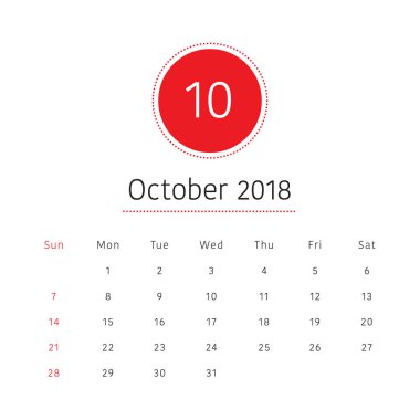 Ekim 2018 Resepsiyon takvim vektör çizim