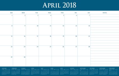 Nisan 2018 takvim planlayıcısı vektör çizim
