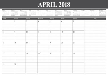 Nisan 2018 takvim planlayıcısı vektör çizim