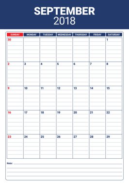 Eylül 2018 planlayıcısı takvim vektör çizim