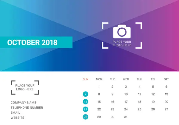 Ottobre 2018 scrivania calendario vettoriale illustrazione — Vettoriale Stock