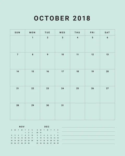 Outubro 2018 mesa calendário vetor ilustração — Vetor de Stock