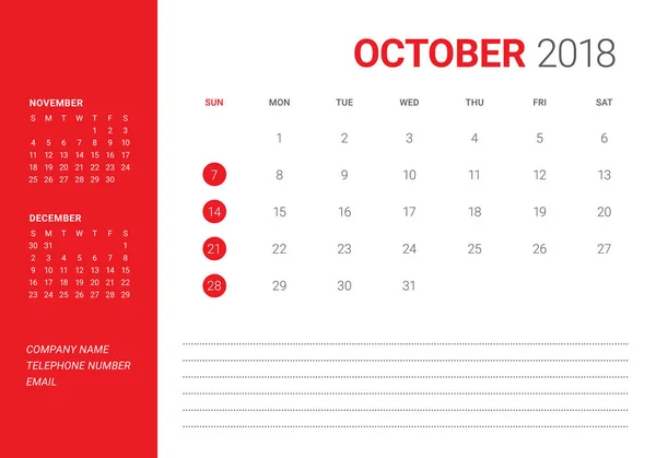 Octubre 2018 escritorio calendario vector ilustración — Vector de stock