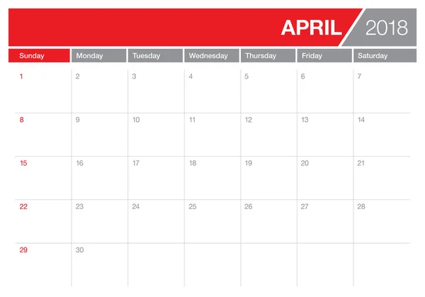 April 2018 Kalenderplanleggingsvektorillustrasjon – stockvektor
