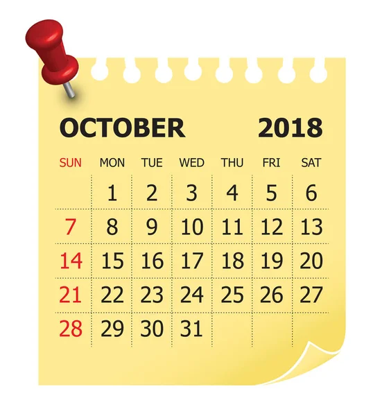 Ottobre 2018 calendario vettoriale illustrazione — Vettoriale Stock