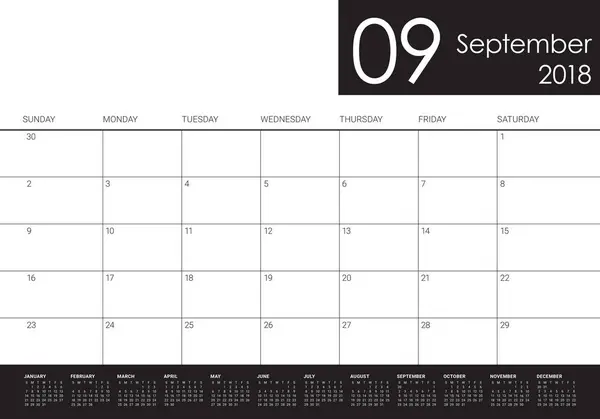 Septiembre 2018 planificador calendario vector ilustración — Vector de stock