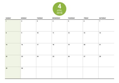 Nisan 2018 takvim planlayıcısı vektör çizim