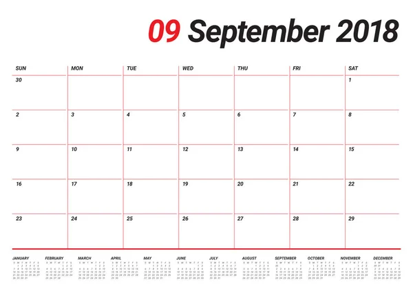 Ilustracja wektorowa września 2018 planner kalendarz — Wektor stockowy