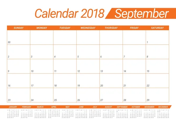 Settembre 2018 calendario dei pianificatori illustrazione vettoriale — Vettoriale Stock