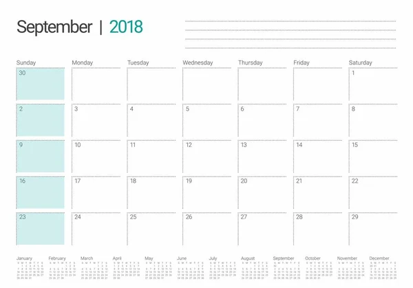 Setembro 2018 planejador calendário vetor ilustração — Vetor de Stock