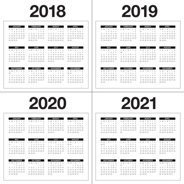 2018 2019年 2020年 2021 年日历矢量 — 图库矢量图片