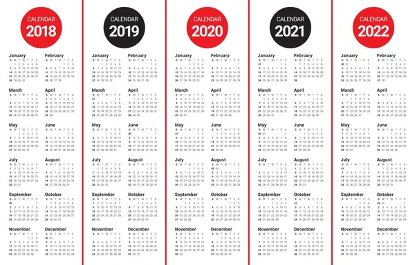 Rok 2018 2019 2020 2021 2022 kalendarz wektor — Wektor stockowy