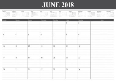 Haziran 2018 takvim planlayıcısı vektör çizim