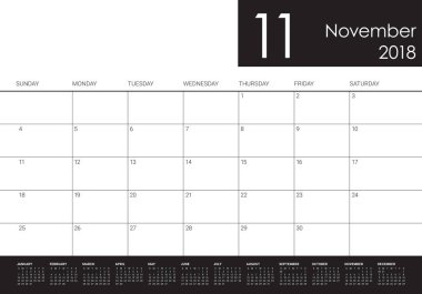 Kasım 2018 planlayıcısı takvim vektör çizim