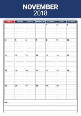 Kasım 2018 planlayıcısı takvim vektör çizim