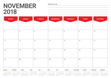 Kasım 2018 planlayıcısı takvim vektör çizim