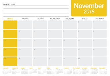 Kasım 2018 planlayıcısı takvim vektör çizim