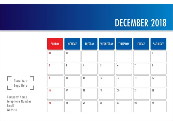 Dezember 2018 Schreibtisch Kalender Vektor Illustration — Stockvektor